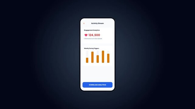 Mobile app analytics dashboard showing growing numbers and weekly saving triggers bar chart animation in light mode UI UX concept