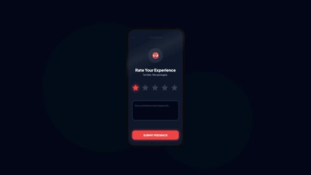 Mobile application feedback screen showing one star rating selection with angry face emoji micro-interaction animation in dark mode UI UX concept