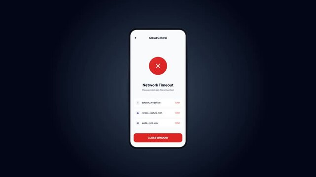 Light mode network timeout error alert screen on mobile phone interface design layout with connection warning and close option