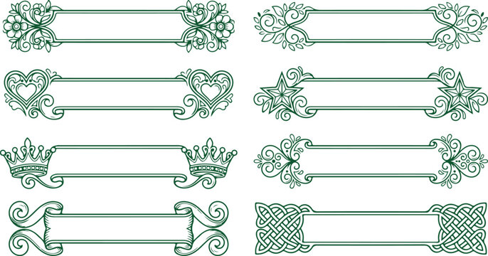 Ornate decorative frames with floral scrolls crowns hearts and celtic knot designs.