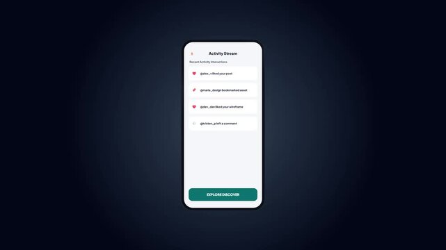 Activity stream notification feed screen layout on mobile smartphone social interaction application wireframe mockup