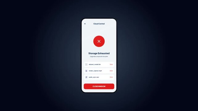Mobile application storage exhausted error message screen on smartphone interface layout featuring corporate cloud tier upgrade option