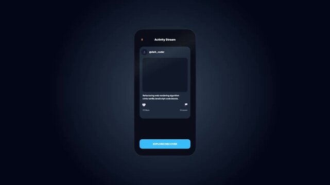 Mobile app social media feed card with unbookmarking micro-interaction animation in dark mode UI UX concept