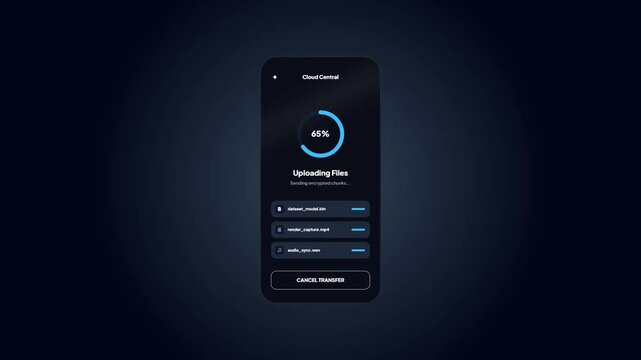 Mobile UI dark mode file upload progress screen with circular percentage indicator showing data transfer status in a modern smartphone application mockup