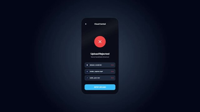 Dark mode server timeout upload rejected error notification screen on smartphone app layout with retry action button