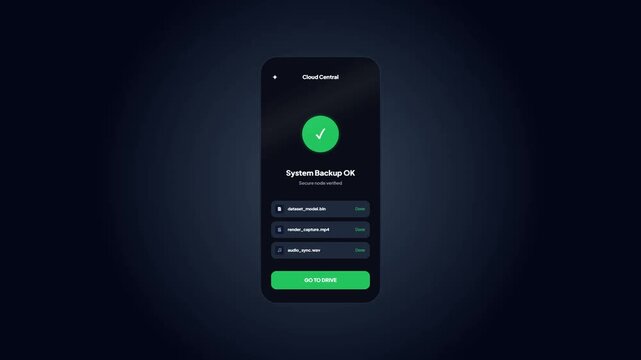 Dark theme system backup successful confirmation screen on mobile phone user interface layout with green checkmark icon