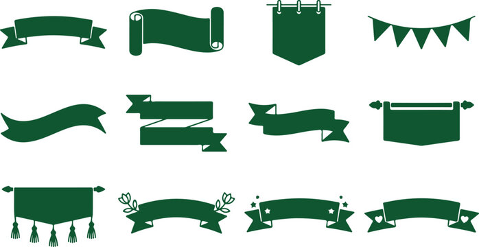 Collection of green ribbons banners scrolls flags bunting and pennant shapes.
