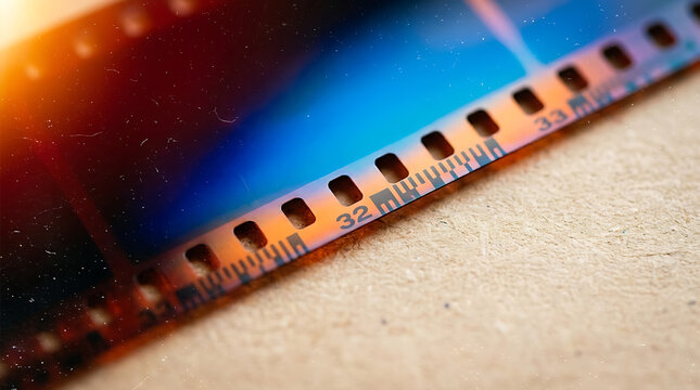 Macro photography of vintage analog film negative strip edge with perforation marks and colorful light leak blur featuring vibrant blue orange gradient texture and scan artifact detail.