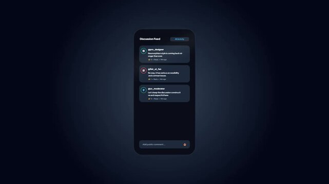 Discussion Feed Dark Mode App Interface Mockup with Chat Comments Stream and Forum Moderator UI Screen Template