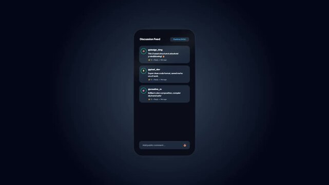 Discussion feed mobile application page user interface layout with dark mode theme displaying positive user comments ratings and engagement feedback widget mockup