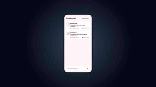 Social media discussion feed application page layout with pink accents featuring loving creator pinned comments and heart emoji community reactions user interface design mockup