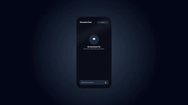 Dark Mode Discussion Feed Mobile Screen Mockup with No Comments Yet Empty State Notification Illustration Template
