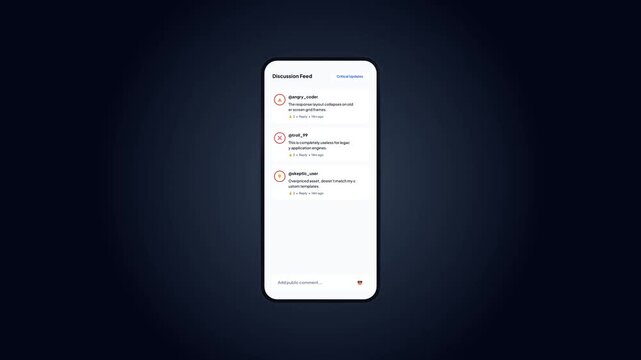 Discussion Feed Light Theme App Interface Mockup Showing User Critical Updates and Error Flagged Bad Comments Screen