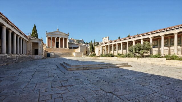 agora. A reconstructed ancient Greek agora, empty stone plaza with a raised speaking platform at its center. event programs, museum guides, designed for cultural heritage projects and event programs.
