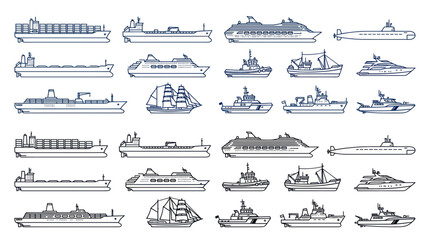 Collection of Various Ships and Vessels, Hand-Drawn Style © siti