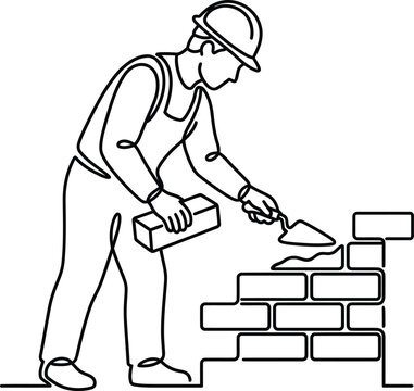 Continuous line drawing of a construction worker building a brick wall.