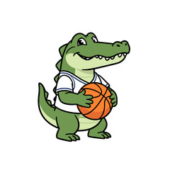 Naklejka premium Cartoon Alligator Holding Basketball, Vector Illustration Isolated on Transparent Background for Sports or Team Mascot Design