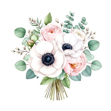 Delicate Pastel Flower Bouquet Arranged with Anemone and Eucalyptus on White Background