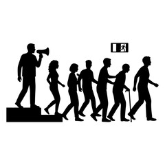 Obraz premium Leader with Megaphone Directing Diverse Group of Silhouettes Towards Exit Sign