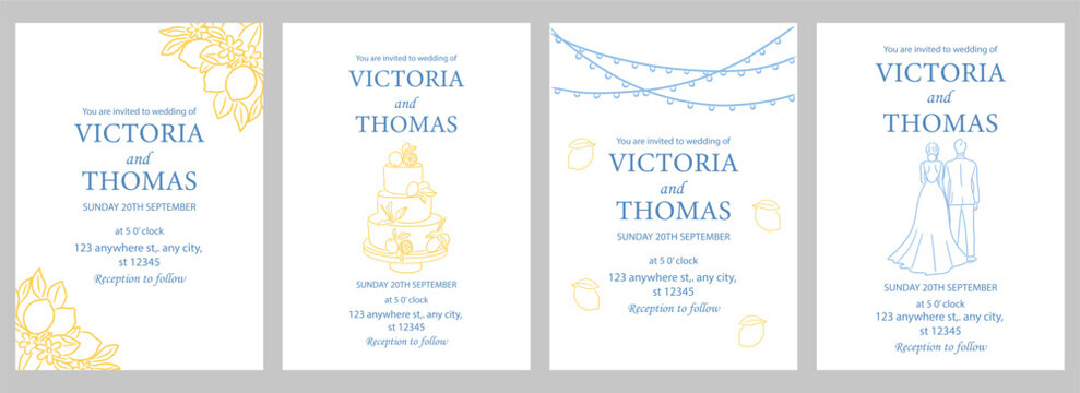 Lemon garden wedding invitation set. Elegant lemon wedding card collection. Hand drawn lemon cake, string light, bride and groom, lemon. Vector illustration