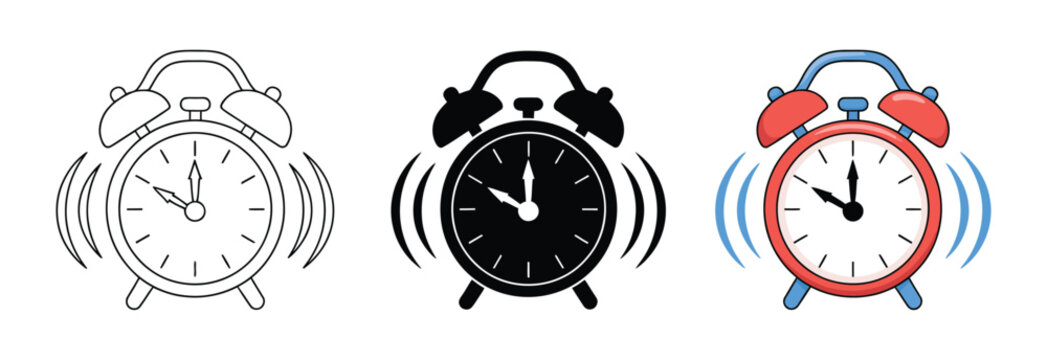 Alarm clock icons in outline, silhouette, and flat red design styles featuring time scheduling symbols, reminder elements, and vector illustration graphics