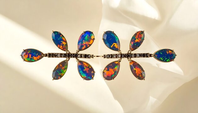 Iridescent Opal Leaf Brooch Resting on Soft White Fabric in Warm Sunlight