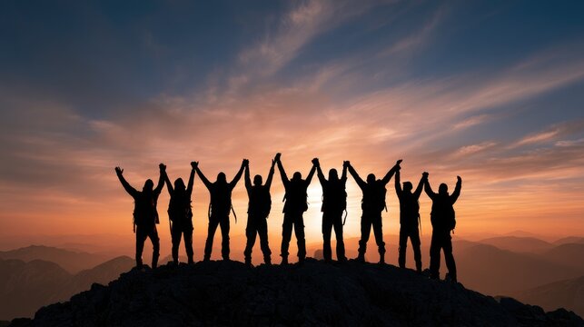 Silhouette of hikers on a hill summit with raised arms symbolizing victory