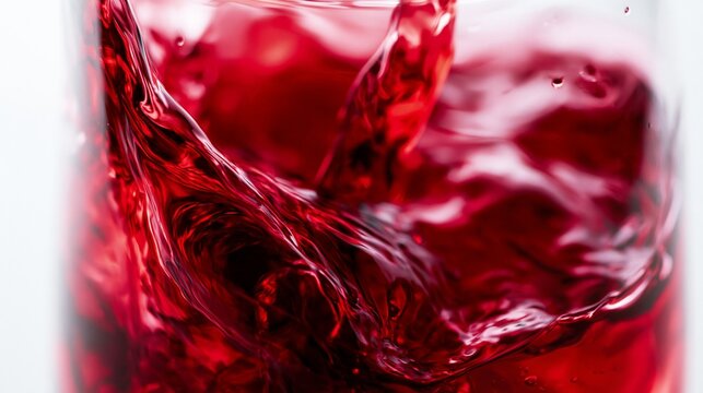 Closeup medium shot of vibrant ruby wine fluid dynamics inside a sleek glass cylinder featuring sharp central focus and smooth bokeh on a pristine white backdrop