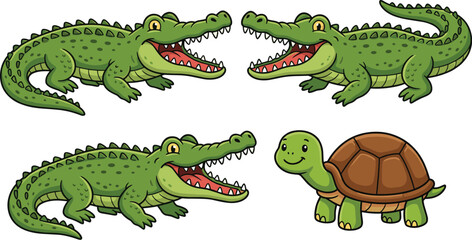 Naklejka premium Cute Crocodile and Turtle Character Collection with Friendly Reptile Cartoon Animal Illustrations