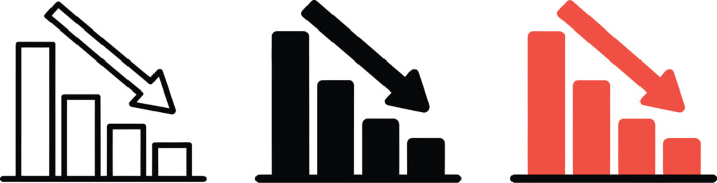 Financial crisis and business loss icon set vector illustration bar chart with down arrow isolated on white background.