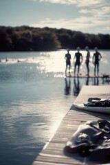 Obraz premium Triathletes standing on wooden jetty by lake before swimming competition. Silhouette of man and woman swimmer preparing for race. Outdoor sports training and healthy lifestyle concept.