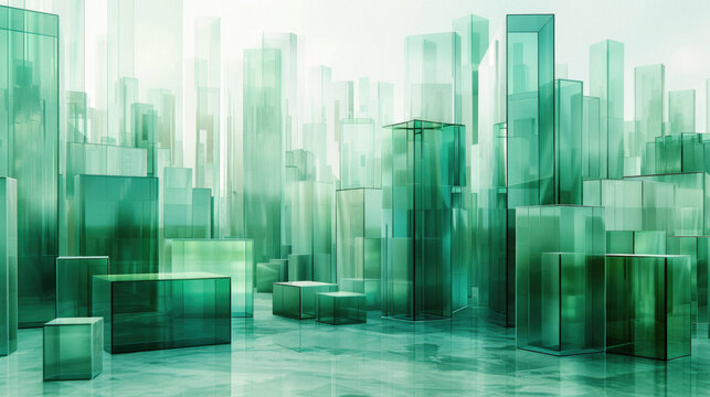 Abstract representation of a futuristic green glass city with towering glassmorphism skyscrapers