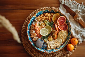 Obraz premium Seafood appetizer platter with grilled shrimp and citrus slices on ceramic plate. Gourmet food snack arrangement with cracker and herb on rustic table. Mediterranean party catering.
