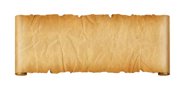 Old crumpled mediaeval Parchment paper scroll isolated on white