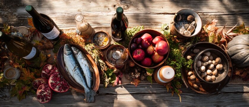 Harvest feast table decorated with autumn foliage and seasonal food. Wooden surface featuring wine, fresh fish, apple, nut, pomegranate and pumpkin. Cozy celebration dinner concept.