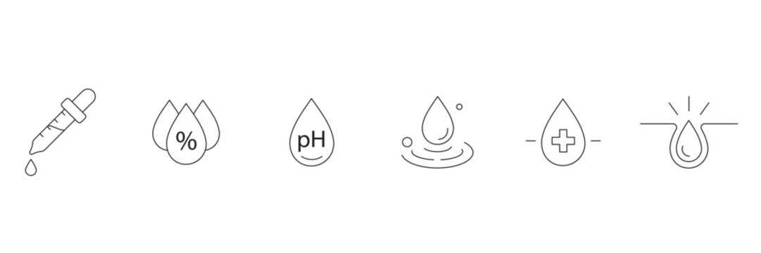 Hair treatment line icon set featuring serum pipette moisture percentage balance ph level water drops medical care follicle root vector illustration