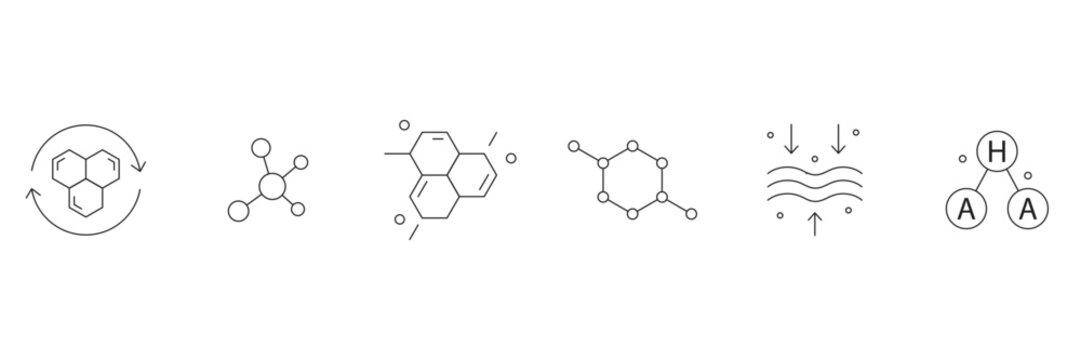 Hair treatment chemical icon set featuring molecule structure compound alpha hydroxy acid aha skin layer absorption formula vector illustration