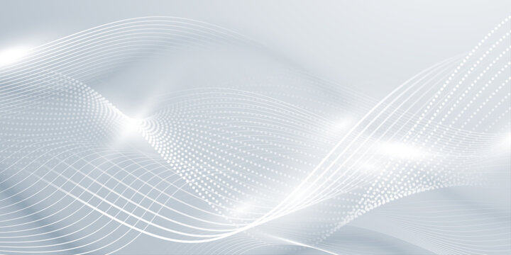 Abstract white and gray background with flowing wave lines and dotted patterns, subtle glowing lights creating dynamic visual.