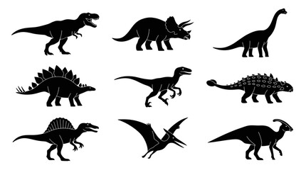 Set of Dinosaur Silhouettes - Tyrannosaurus, Triceratops, Brachiosaurus, Stegosaurus, Velociraptor, Ankylosaurus, Spinosaurus, Pterodactyl, Parasaurolophus © Yunan