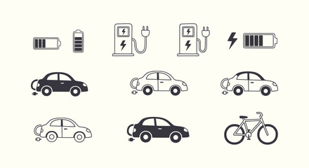Fototapeta premium Electric vehicle icon set with car battery charging station and e-bike for clean energy transport.