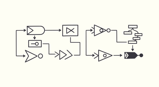 Simple Hand Drawn Logic Gate Diagram with Flowchart Symbols for Technical Process Workflow Design