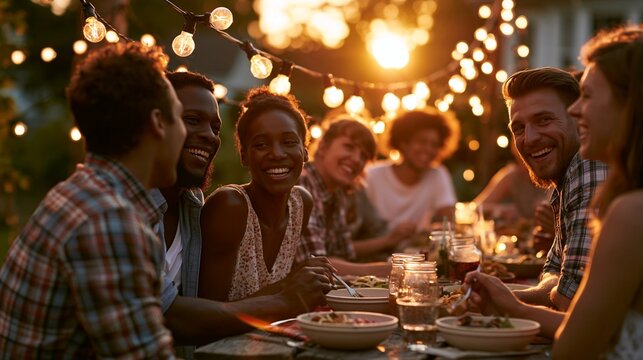 Medium shot of diverse neighbors laughing around a picnic table adorned with reusable bowls and glowing string lights capturing a warm goldenhour atmosphere