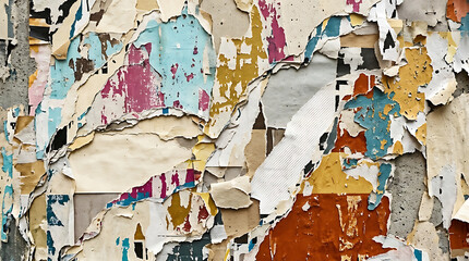 Fototapeta premium Abstract torn paper collage with layered urban posters and peeling paint creating a colorful texture surface, showcasing raw artistic creativity and weathered industrial street art background.