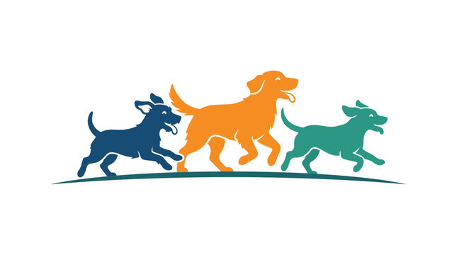 Three colorful dogs running together on a curved ground line.