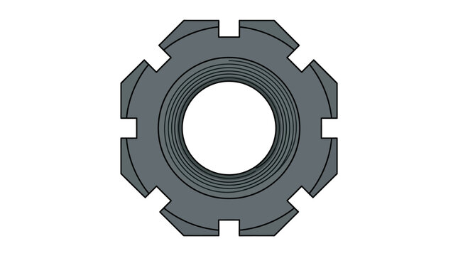 Top down technical illustration of a notched mechanical lock nut