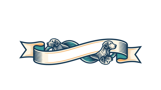 Vintage style illustration featuring two dogs integrated into a decorative blank ribbon banner.