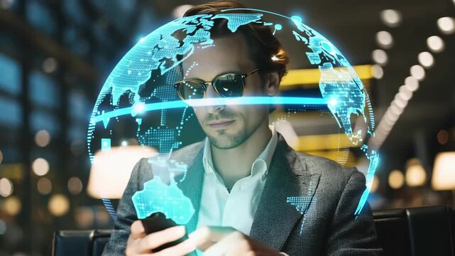 Futuristic digital world map with glowing nodes showing global communication and data flow