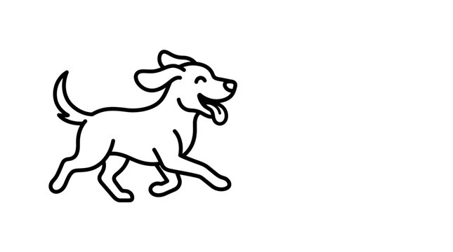 A simple black and white line art illustration of a happy running dog.