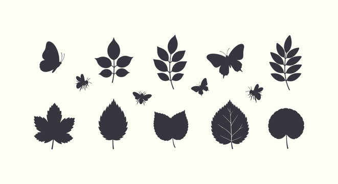 Set of nature silhouettes with various leaves, butterflies and bees isolated on off-white background