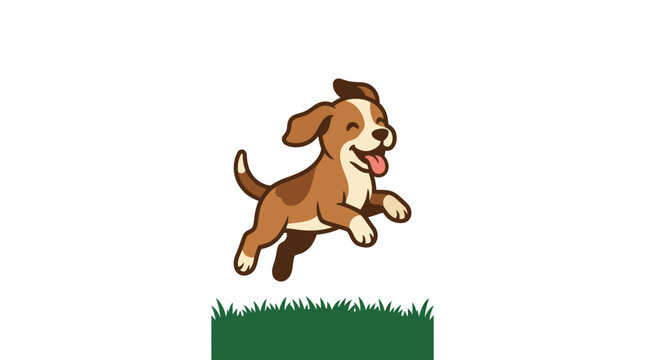 A cheerful brown and white puppy jumping joyfully over a patch of green grass.
